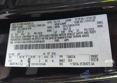 2014 Ford Escape Titanium z USA, uszkodzony, nr VIN 1FMCU9JX5EUD56425